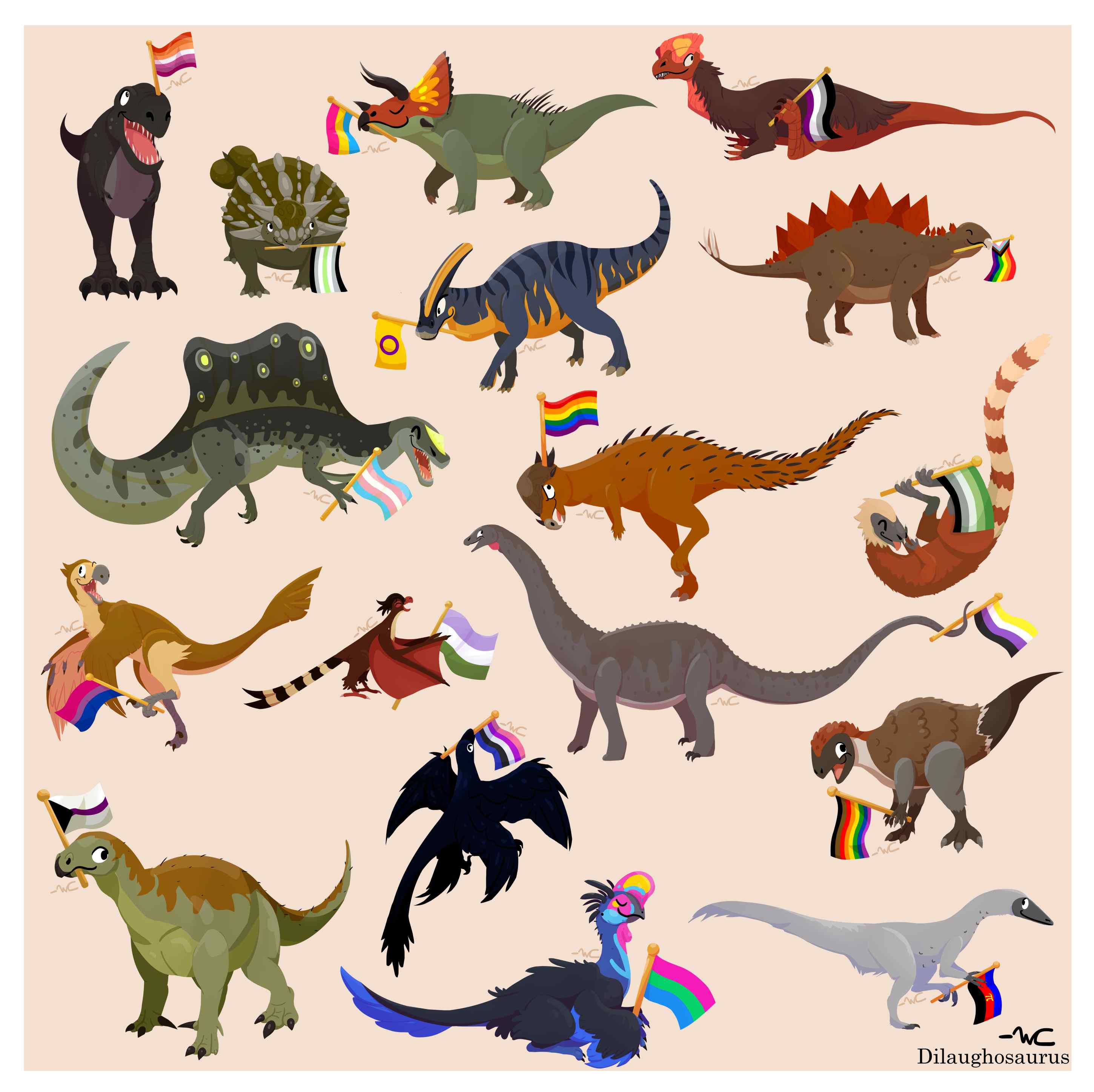 A collection of cartoon dinosaurs holding different pride flags.